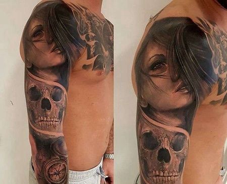 写实胳膊女人骷髅指南针纹身图案