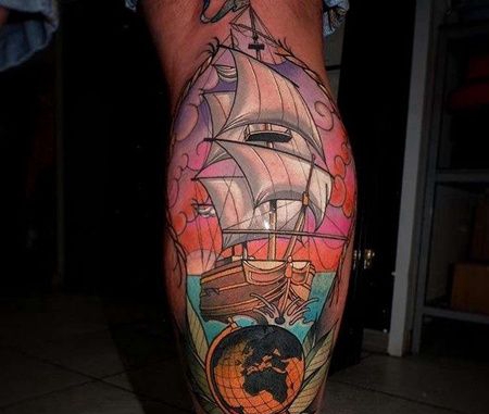 New School小腿帆船地球仪纹身图案