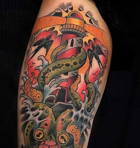 Old School小腿灯塔章鱼纹身图案