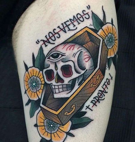Old School小腿骷髅棺材纹身图案