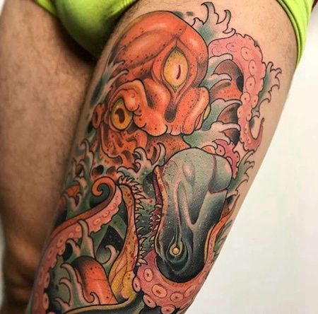 新传统大腿章鱼鲸鱼纹身图案