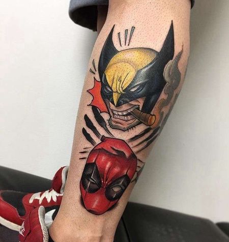 New School小腿金刚狼死侍纹身图案