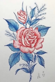 红蓝色创意的一组花朵纹身图案