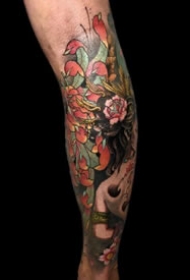 一组小腿欧美写实彩色纹身图案