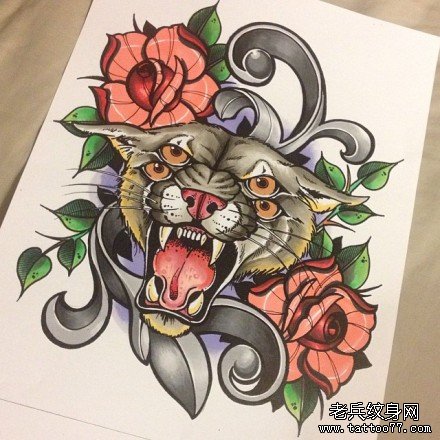 潮流很帅的一款四眼豹头纹身图案