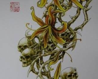 老兵纹身:奉献一款经典的彼岸花骷髅纹身图案。