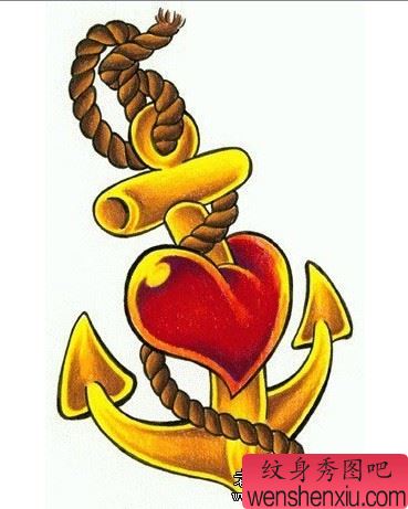 爱心纹身图案:彩色爱心铁锚纹身图案