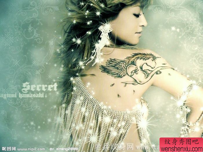日本女星滨崎步肩部独角兽纹身图案欣赏