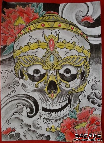 男人纹身图案:彩色嘎巴拉牡丹花纹身图案