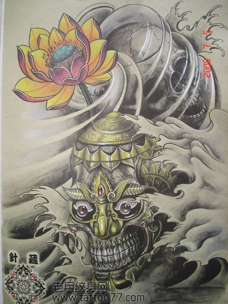 经典时尚的嘎巴拉莲花纹身手稿