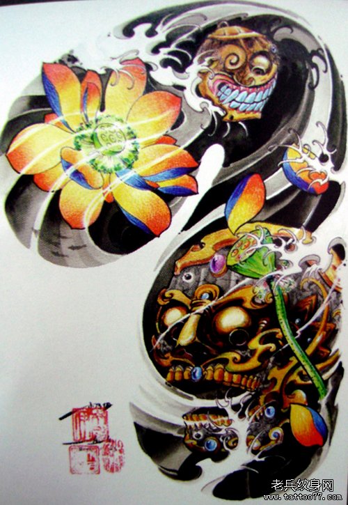 中国新传统之超帅的一款半胛莲花嘎巴拉纹身手稿图案