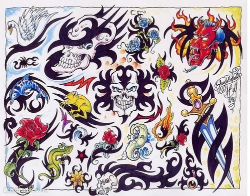 玫瑰海豚天鹅花卉骷髅图腾纹身图案