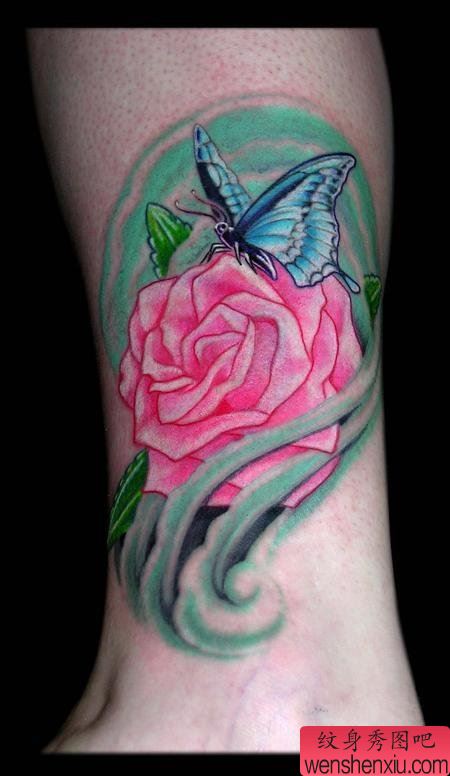 纹身秀图吧：脚踝玫瑰蝴蝶文身图案图片