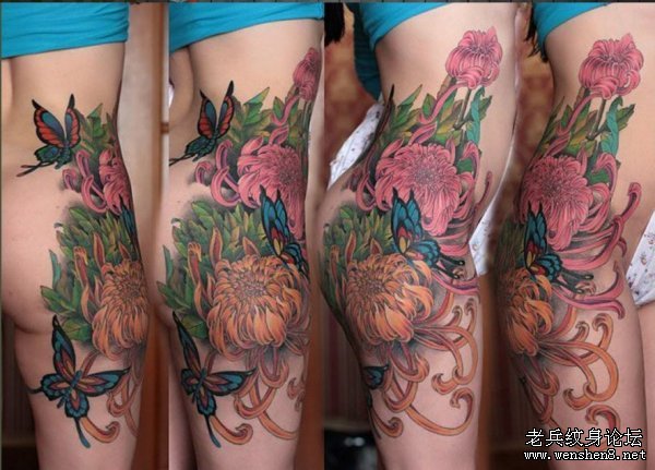 性感的美女臀部彩色菊花蝴蝶纹身图案