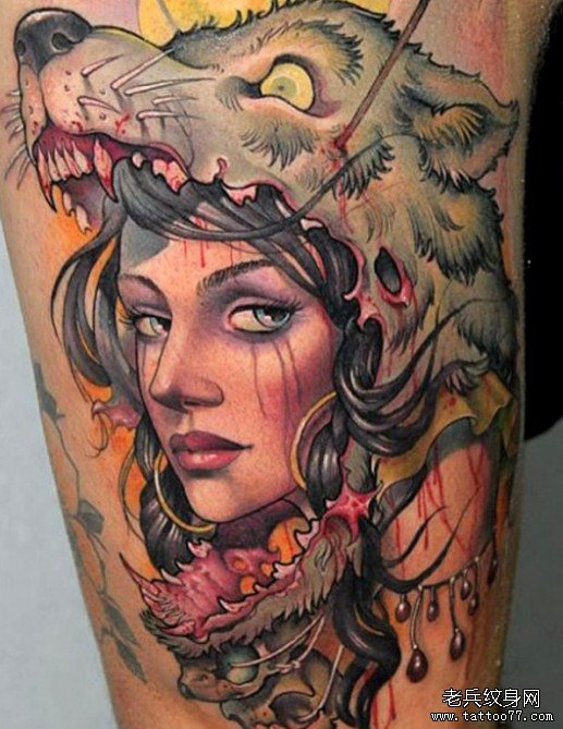 纹身推荐一款欧美狼头人物纹身图片