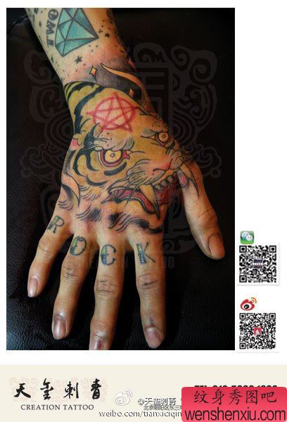 手背经典超酷的一款虎头纹身图案