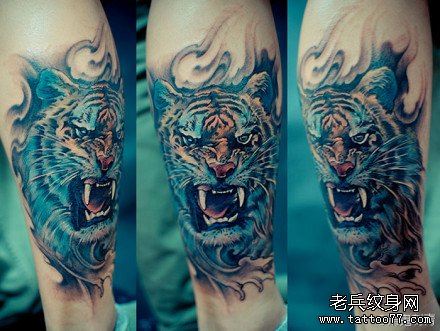 腿部超帅很酷的虎头纹身图案