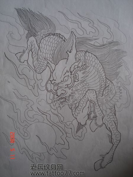 时尚经典的麒麟纹身手稿