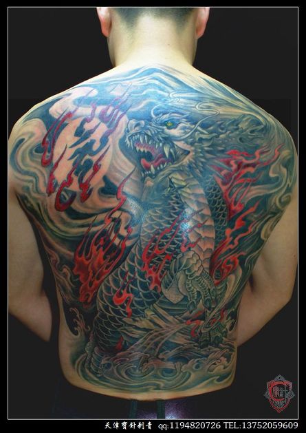天津宝针刺青店纹身作品:满背麒麟纹身图案