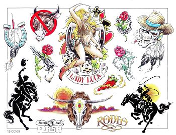 卡通骷髅玫瑰手枪纹身图案