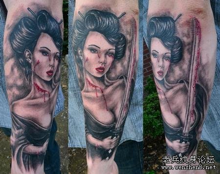 手臂日本美女武士纹身