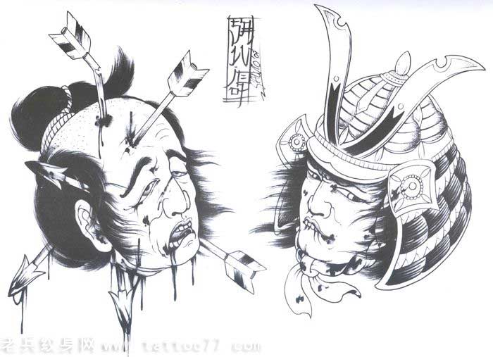 一款日本武士头颅纹身手稿