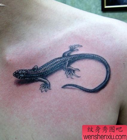 胸部一款黑白蜥蜴纹身图案