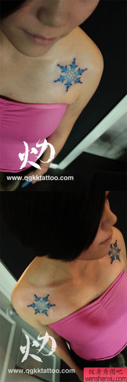 女生肩膀处漂亮的彩色雪花纹身图案