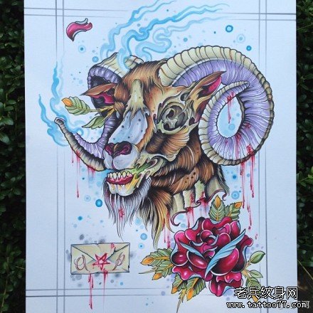 潮流很帅的一款羊头纹身手稿