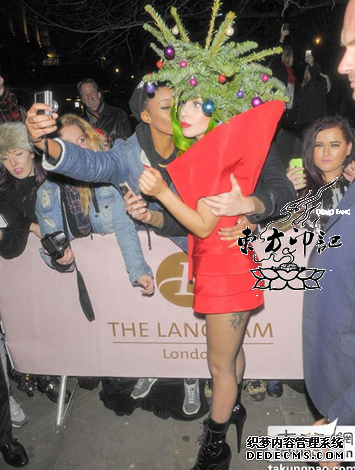 LadyGaga节日造型：绿发戴圣诞树秀纹身