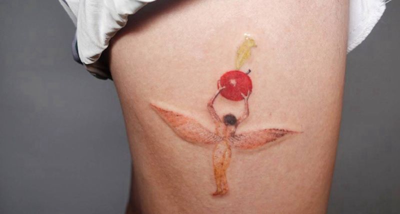 天使纹身图片_腿部油画纹身图案