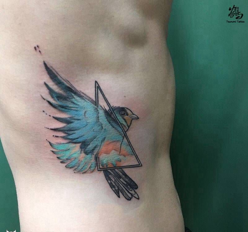 【鸟】纹身图片_成品腰部清新几何动物纹身图案