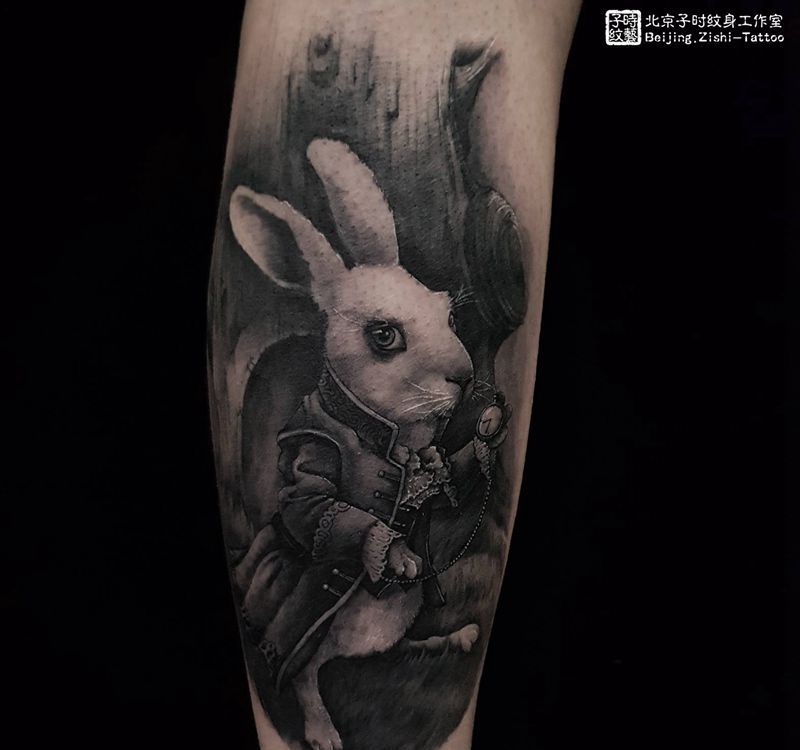 爱丽丝梦游仙境纹身图片_腿部纹身图案