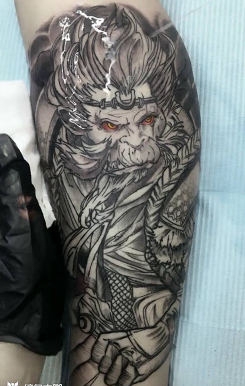 鶴見原创【大圣】纹身图片_成品手稿腿部写实原创鬼神宗教动物纹身图案
