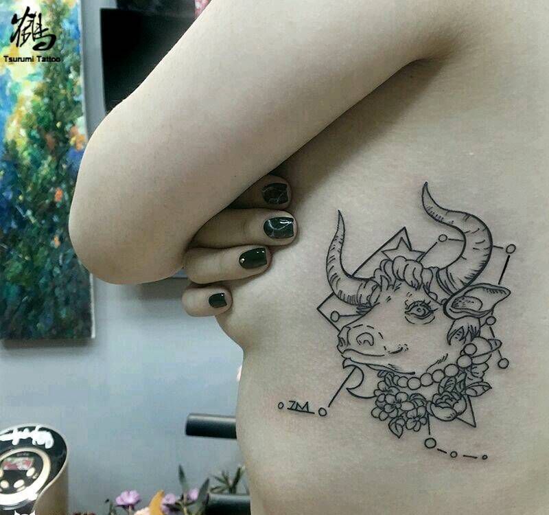 鹤见原创【双子星牛】下回上色纹身图片_腰部清新写实动物静物原创成品手稿纹身图案