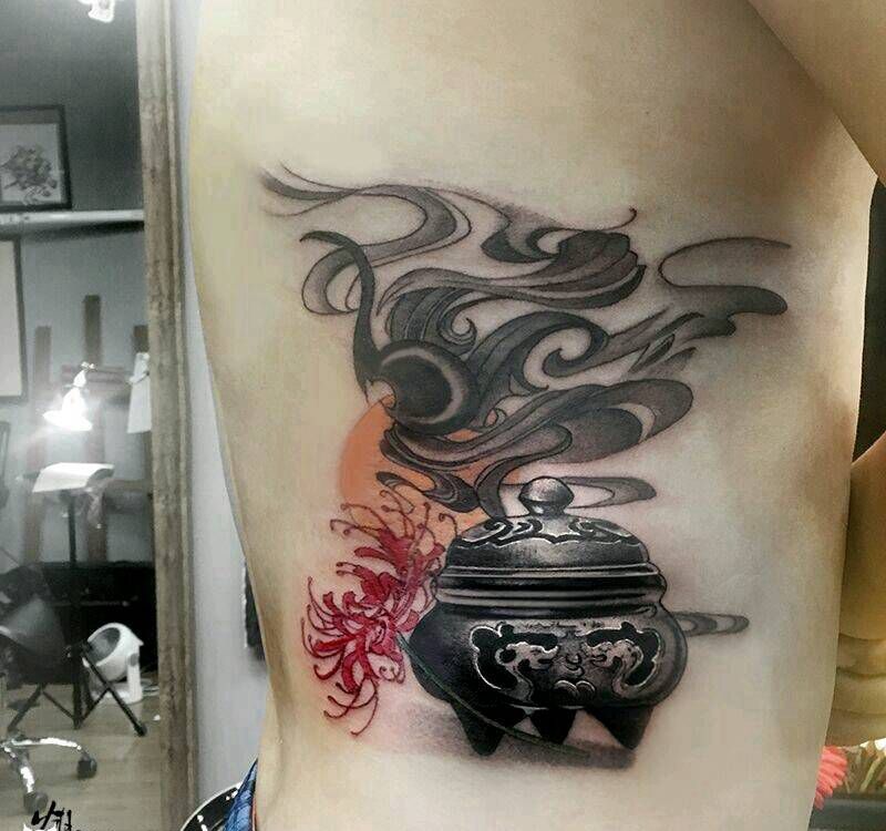 鹤见原创【日照香炉】纹身图片_腰部传统写实静物鬼神宗教原创成品手稿插画纹身图案