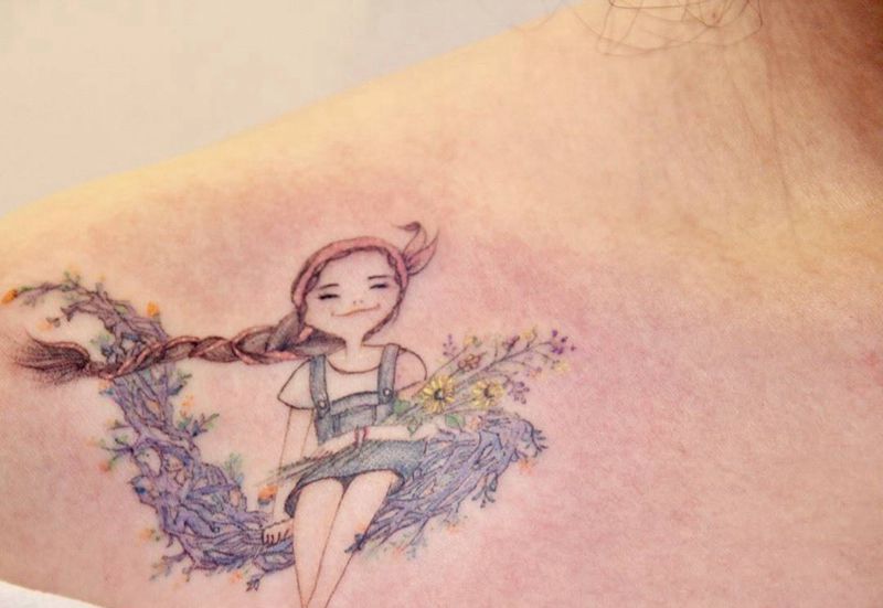 卡通水彩纹身图片_肩部水彩卡通纹身图案