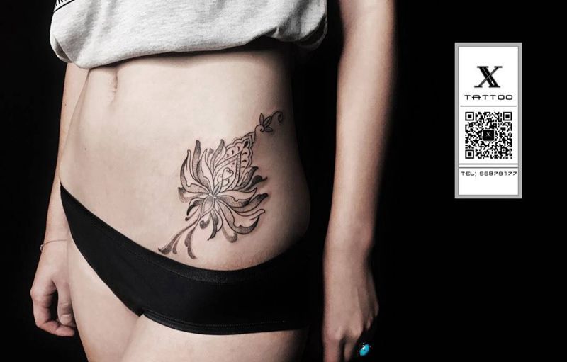 莲花纹身图片_成品静物植物宗教图腾腰部纹身图案