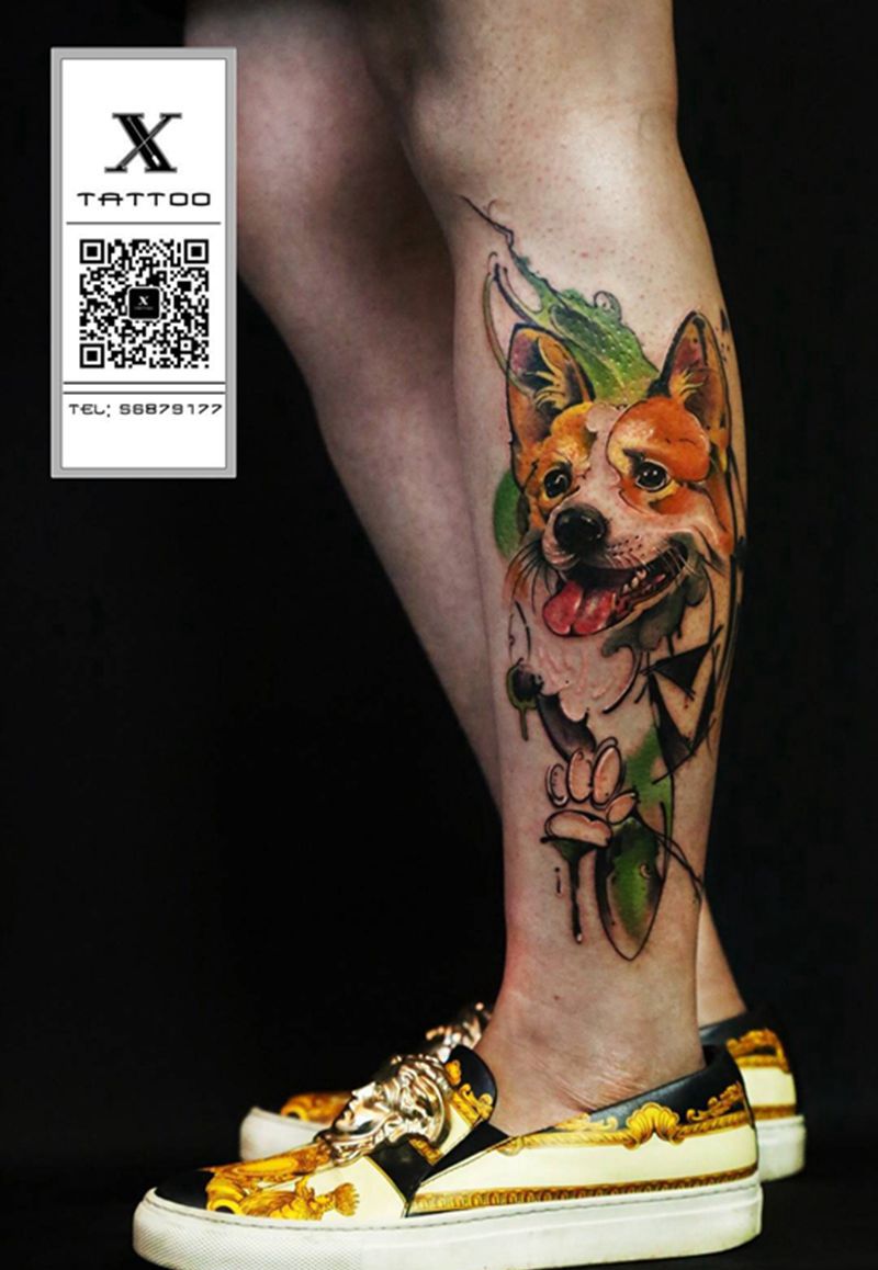 柯基犬纹身图片_成品腿部肖像原创纹身图案