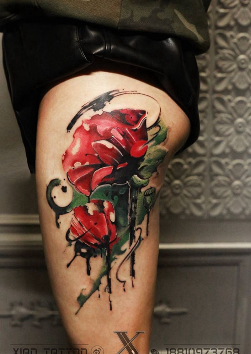 罂粟纹身图片_成品腿部欧美原创纹身图案