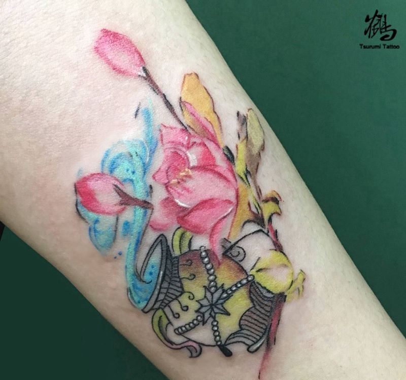 水瓶座➕花纹身图片_成品手臂清新原创植物纹身图案