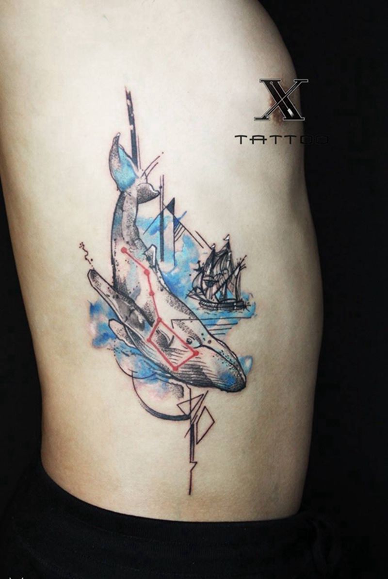 鲸鱼与船纹身图片_成品腰部欧美故事纹身图案