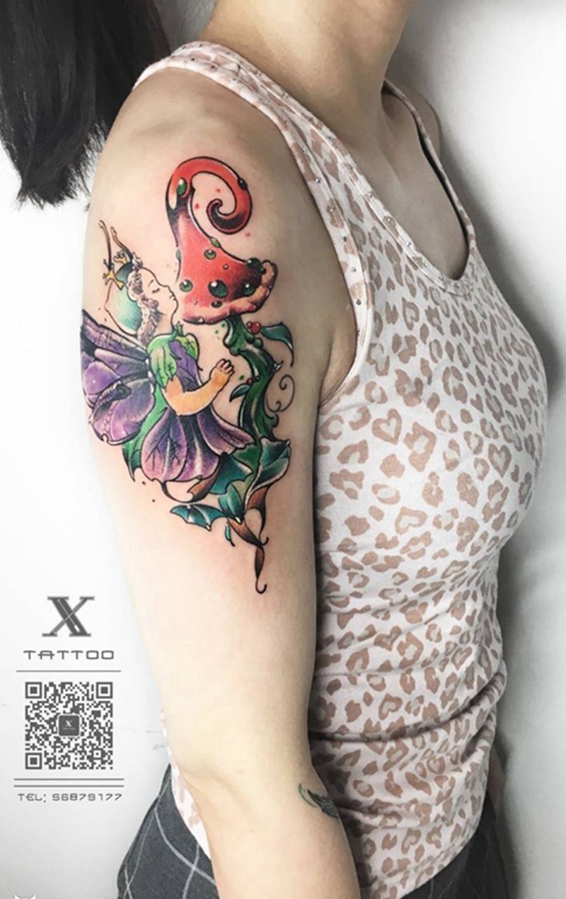 花仙子纹身图片_成品肩部欧美动物原创植物可爱系纹身图案