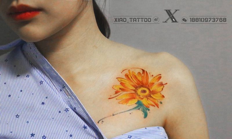 向日葵纹身图片_成品肩部欧美清新原创纹身图案