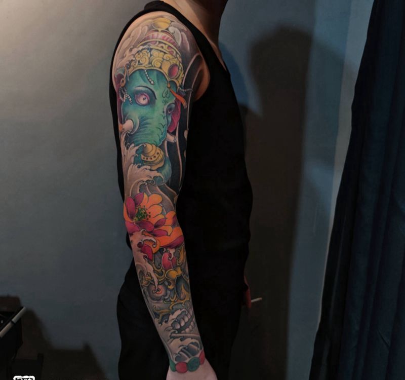 象神嘎巴拉纹身图片_手臂新传统象神嘎巴拉纹身图案