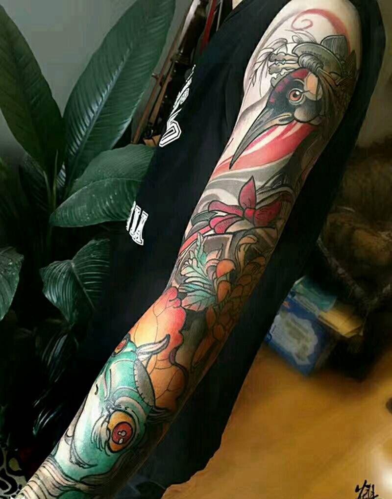 鹤见原创【鹤与河童】纹身图片_手臂传统习俗清新动物人物静物鬼神原创成品纹身图案