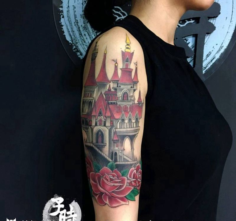 玫瑰城堡纹身图片_手臂欧美原创成品纹身图案
