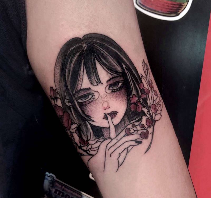 【嘘】纹身图片_手臂点刺少女女孩纹身图案