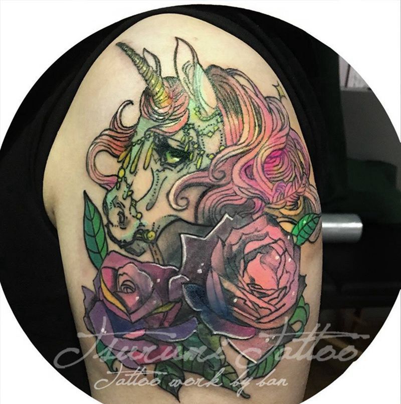原创独角兽遮盖纹身图片_