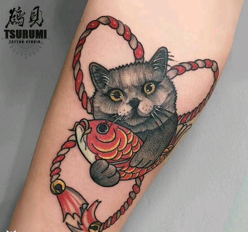 鹤见原创【蓝猫】纹身图片_手臂写实动物原创成品纹身图案